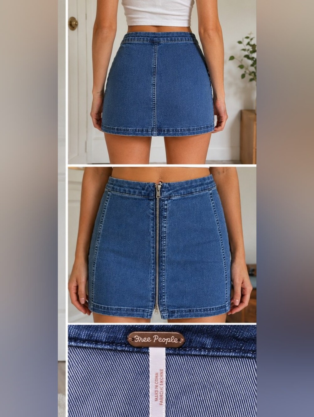 Free People Dark Blue Denim Mini Skirt with Front Zip Detail